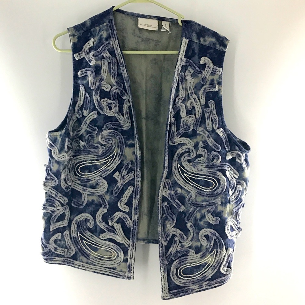 Chico’s Blue Batik Bleach Dyed Beaded Vest